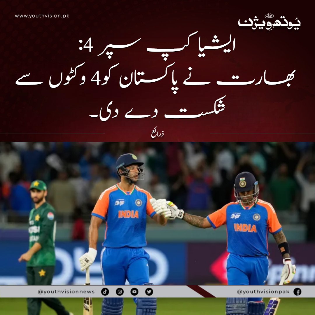 youthvisionnews's tweet image. یوتھ ویژن نیوز : (فیضان بلوچ سے) ایشیا کپ سپر 4: بھارت نے پاکستان کو4 وکٹوں سے شکست دے دی۔
#pakvsindia2025 #pakistancricket #pakvsindiamatch #BreakingNews #youthvisionnews #SportsNews