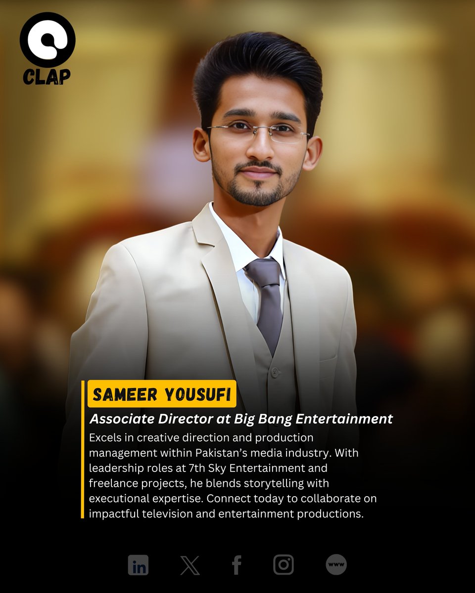 ClapPakistan's tweet image. Meet Sameer Yousufi, Associate Director at Big Bang Entertainment With a career from production mgmt to creative leadership, he’s driving storytelling &amp;amp; team success in Pakistan’s entertainment industry.

#CreativeDirection #MediaProduction #ClapPakistan