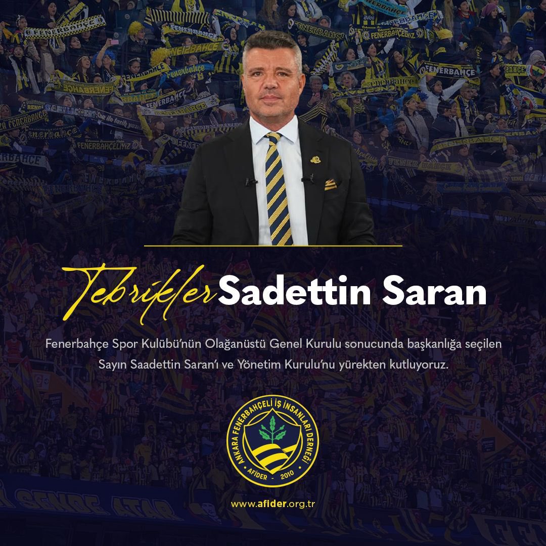 Fenerbahçe Spor Kulübü’nün Olağanüstü Genel Kurulu sonucunda başkanlığa seçilen Sn. Saadettin Saran’ı ve Yönetim Kurulu’nu yürekten kutluyoruz.
Sayın Başkanımıza ve yönetimine görevlerinde üstün başarılar diliyor; Fenerbahçe’mize ve Türk sporuna hayırlı olmasını temenni ediyoruz.