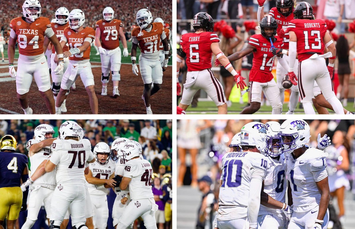4 Texas college football teams are currently in the NCAA top 25:

Texas A&amp;M, Texas, Texas Tech and TCU