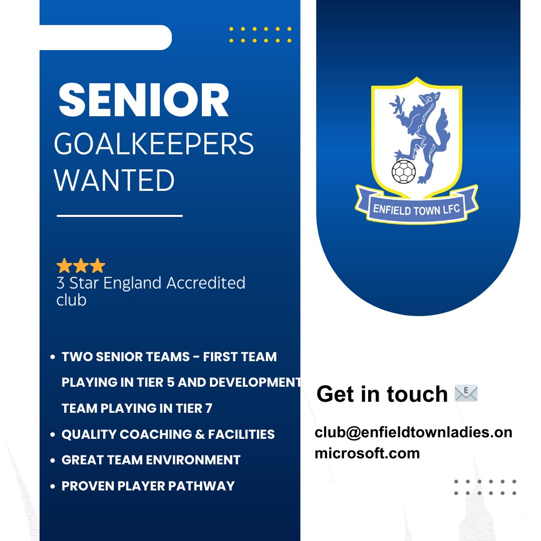 📣SENIOR GOALKEEPERS WANTED📣

We are looking for committed &amp; talented goalkeepers to add to our senior squads.

Are you looking for a new club, a new challenge? 

If interested or would like further information get in touch today 🔵⚪️
📧club@enfieldtownladies.onmicrosoft.com