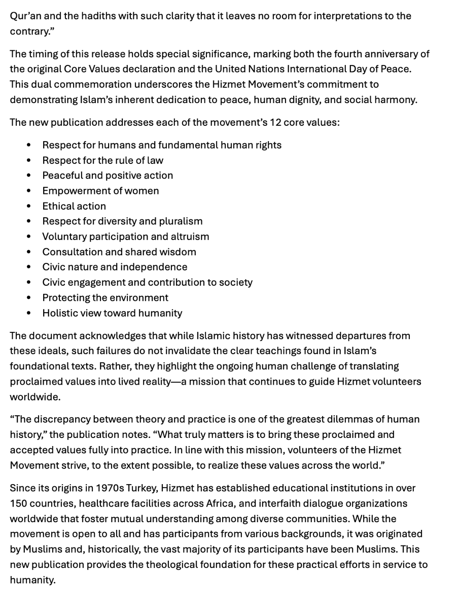 On the 4th anniversary of its Core Values declaration &amp; the <a href="/UN/">United Nations</a> #InternationalDayofPeace, AfSV releases The Islamic Sources of the Core Values of the Hizmet Movement—a scholarly work tracing how Hizmet’s 12 core values are rooted in the Qur’an, Sunnah &amp; Islamic tradition. Click
