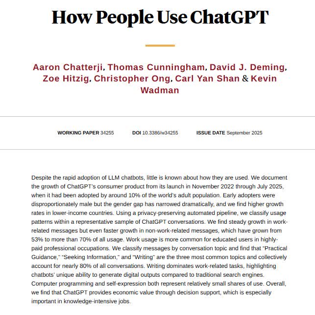 NBER (@nberpubs) on Twitter photo Documenting the growth of ChatGPT since its launch in November 2022 and exploring usage patterns by conversation topic and user characteristics, from <a href="/RonnieChatterji/">Ronnie Chatterji</a>, <a href="/testingham/">tom cunningham</a>, <a href="/ProfDavidDeming/">David Deming</a>, <a href="/zhitzig/">ZoΓ« Hitzig</a>, Christopher Ong, Carl Yan Shan, and Kevin Wadman Documenting the growth of ChatGPT since its launch in November 2022 and exploring usage patterns by conversation topic and user characteristics, from <a href="/RonnieChatterji/">Ronnie Chatterji</a>, <a href="/testingham/">tom cunningham</a>, <a href="/ProfDavidDeming/">David Deming</a>, <a href="/zhitzig/">ZoΓ« Hitzig</a>, Christopher Ong, Carl Yan Shan, and Kevin Wadman