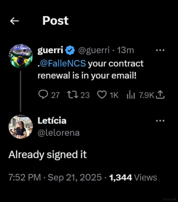 Ozzny_CS2's tweet photo. FalleN's wife: "Already signed" ‼️

> He might not be retiring soon after all 😭 https://t.co/HpZiojibDv