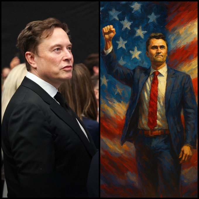 Elon Musk in a black suit and white shirt, looking to the side at an event. A painted portrait of Charlie Kirk in a blue suit, red tie, and raised fist, standing in front of an American flag.