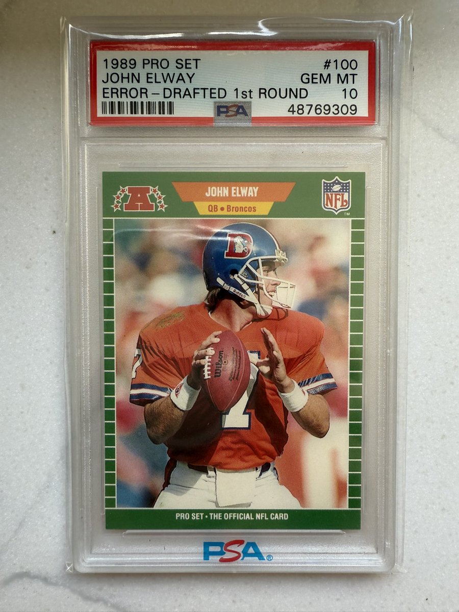 NFTPartners's tweet image. #CardoftheDay 1989 Pro Set John Elway Error Card - PSA 10        #DenverBroncos #Elway @PSAcard
