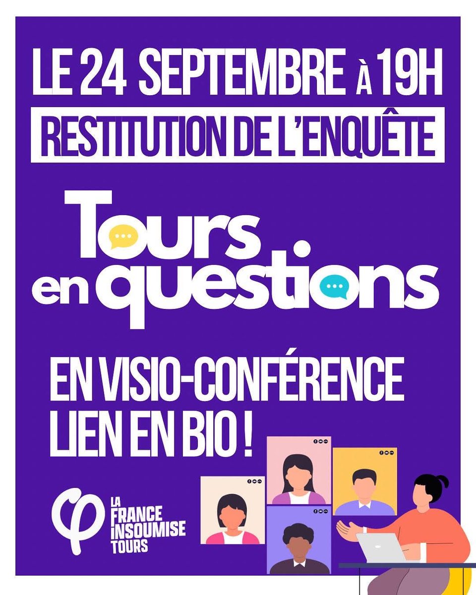📣 Restitution de l'enquête "Tours en Questions"

🗓 Le 24 septembre à 19h
💻 En visio: teams.live.com/meet/939276778…

Après plusieurs mois d’échanges, de témoignages et de réflexions collectives, l’heure est venue de vous présenter les résultats de notre grande enquête citoyenne !!
