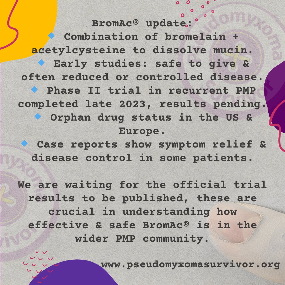 PMPSurvivor's tweet image. Two different trials that may offer alternative treatments for PMP🤞in the future. We’ll keep you updated as more information emerges on either trial.
#PMPAwareness #AppendixCancer #PseudomyxomaSurvivor #BromAcTrial #PIPACTrial #RareCancerResearch