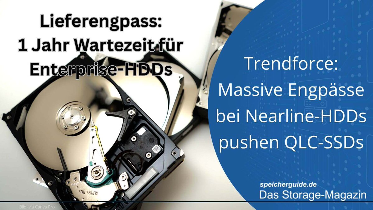 speicherguide's tweet image. 💡 @trendforce: Nearline-HDDs ausverkauft, bis 1 Jahr Wartezeit. Hersteller erhöhen Preise. QLC-SSDs gewinnen an Bedeutung, 2026 als Breakout-Jahr.

👉speicherguide.de/storage/trendf…

#HDD #SSD #QLC #storage