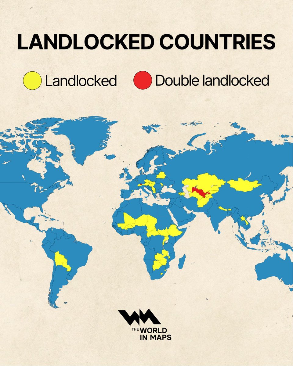 I’ve shared version of this map before but it’s just wonderful geography trivia: these are the landlocked and double-landlocked countries on this planet. HT <a href="/xruiztru/">Xavi Ruiz</a>