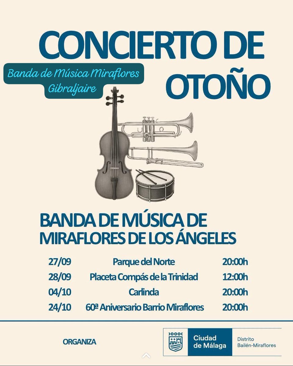 BanMiraflores's tweet photo. Conciertos de Otoño en el Distrito 4 (Bailén - Miraflores) de @malaga con motivo del 60 Aniversario de la construcción de la Barriada Miraflores de los Ángeles.
#SuenaMiraflores 
#50AniversarioMiraflores https://t.co/kS4jzUzHYN