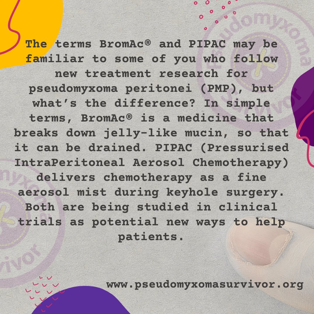 PMPSurvivor's tweet image. Two different trials that may offer alternative treatments for PMP🤞in the future. We’ll keep you updated as more information emerges on either trial.
#PMPAwareness #AppendixCancer #PseudomyxomaSurvivor #BromAcTrial #PIPACTrial #RareCancerResearch