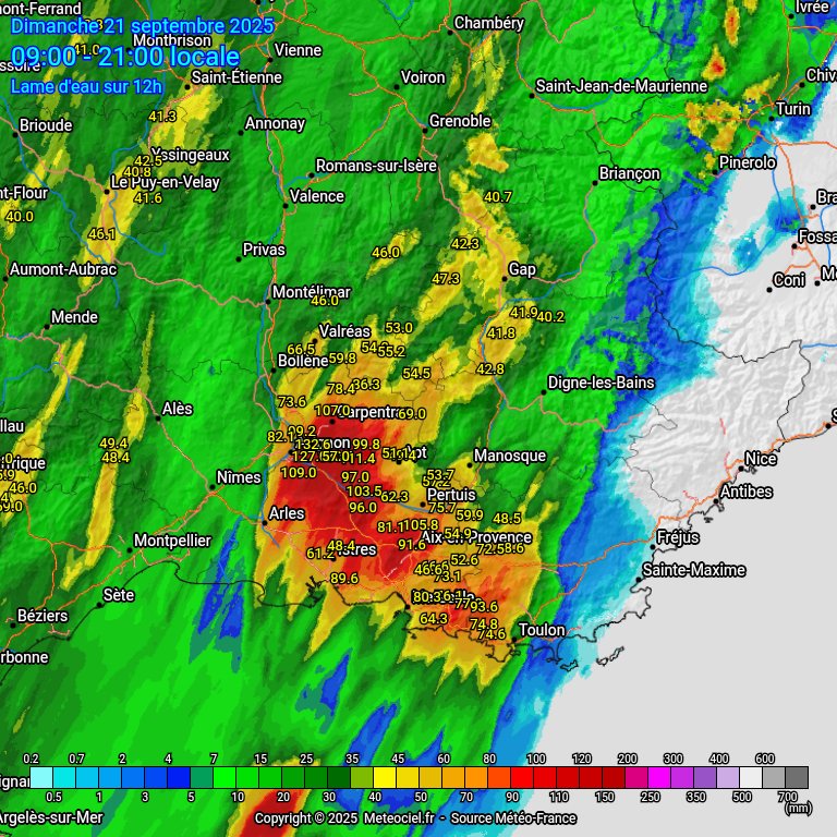 Récapitulatif des cumuls de pluie à 21h dans le sud-est :
🔸132.6mm à Saint-Saturnin-Lès-Avignon (84)
🔸130.4 mm à Isle-sur-la-Sorgue (84)
🔸127.2 mm à Avignon (84)
🔸109 mm à Eyragues (13)
🔸107 mm à Carpentras (84)
🔸103.3 mm à Merindol
🔸99.8 mm à Murs (84)
#VigilanceOrange 🟠