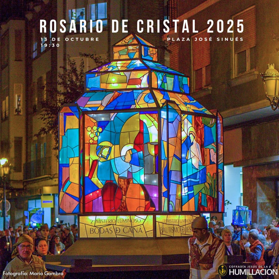 💐Ofrenda de Flores💐 - 12 de octubre
📍Incorporación por Recorrido 1, situado en Plaza Aragón.
⏱️Hora de salida: 19:53 h. Hora de concentración a las 19:45 por la zona de salida.
 
Rosario de Cristal - 13 de octubre
correspondientes faroles de mano.
📍Plaza José Sinués
⏱️19:30h