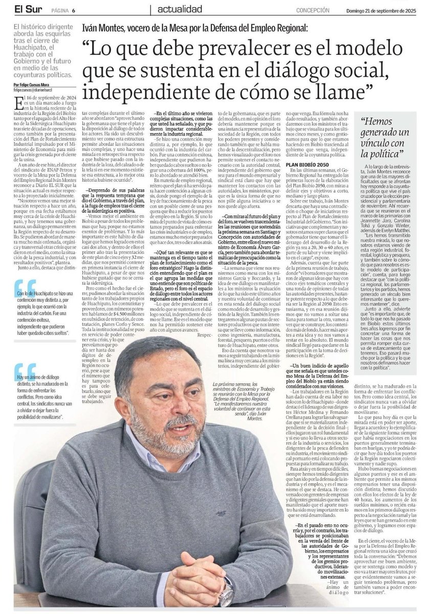 En <a href="/elsurcl/">Diario El Sur</a> de hoy conversé con el vocero de la Mesa por la Defensa del Empleo Regional Iván Montes sobre la situación actual tras el cierre de Huachipato y el avance del Plan de Fortalecimiento Industrial 🗞️✅