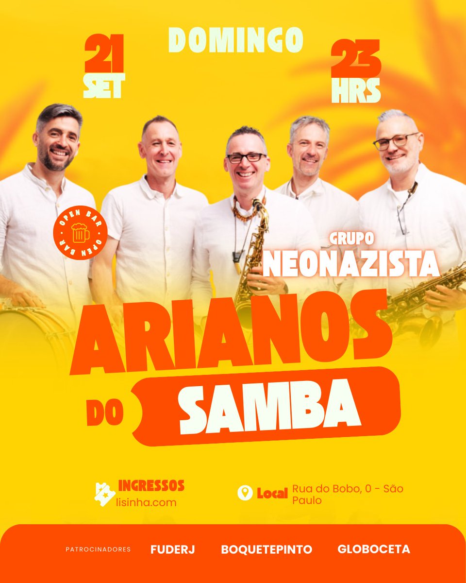 OlhoNaVala's tweet image. 🚨EVENTO | São Paulo recebe nesta noite o grupo de samba supremacista branco “Arianos do Samba” na casa de shows Clube do Batuque.