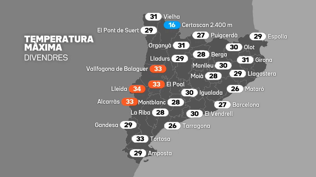 sergi_boixader's tweet image. Si s'opta per mantenir el blanc i negre -per mi (i crec que per molts) un error-, canviaria els textos "Temperatura màxima + Dia" de gris a blanc (no destaca gaire del fons), i el mateix passa amb les pastilles negres, les passaria a blanques

Però el millor seria tornar al color