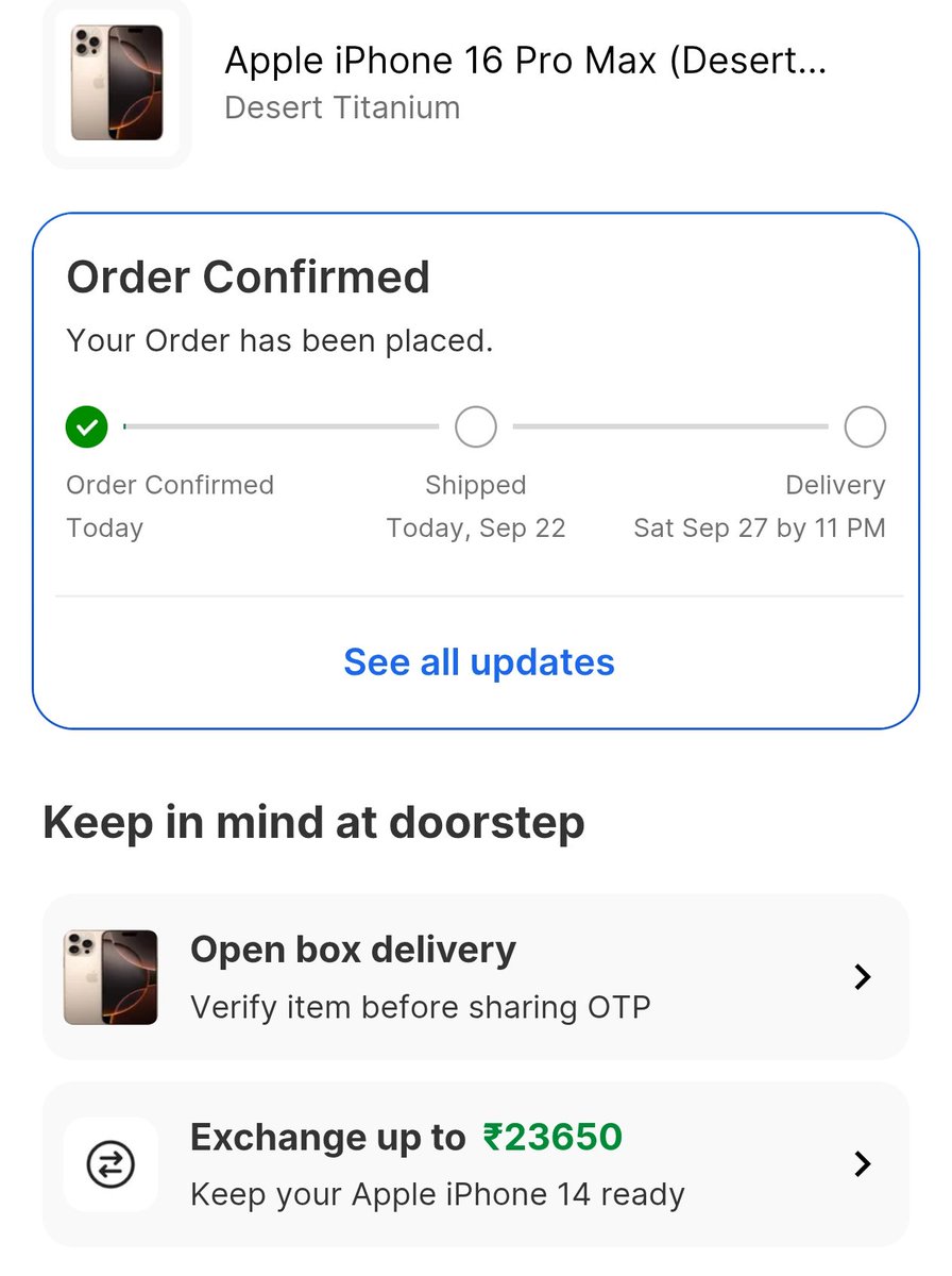TechBushPro's tweet image. Secured iPhone 16 Pro Max from @flipkart #BBD2025 sale successfully after trying hard for 25mins 😅.
Anyone also ordered 16 ProMax?