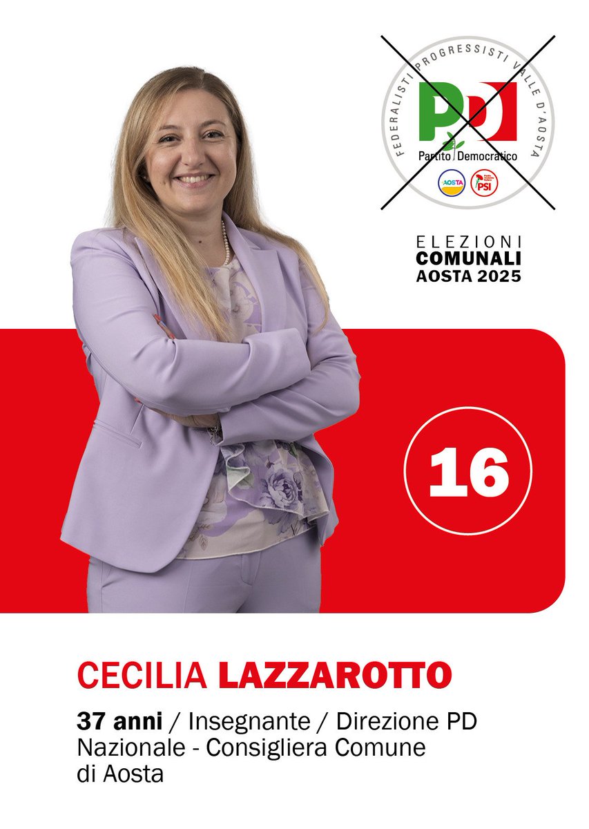 Il 28 settembre la Valle d’Aosta andrà al voto.
Mi trovate sia nella lista regionale con il n.14 sia in quella del comune di Aosta con il n.16.
Nel dubbio scrivi LAZZAROTTO 
Ma soprattutto #VotaPD 
#pdvda #partitodemocratico 
<a href="/pdnetwork/">Partito Democratico 🇮🇹 🇪🇺</a> <a href="/pdvda/">PD Valle d'Aosta</a>