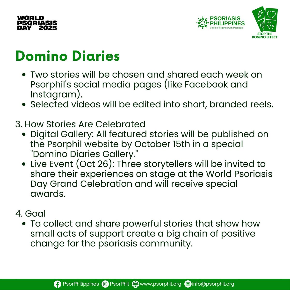Tell Us Your Story: Living with Psoriatic Disease and Comorbidities

Email your submission at WPDdominodiaries@gmail.com

#MyPsoriasisAction #DominoEffectPH #WPD2025
