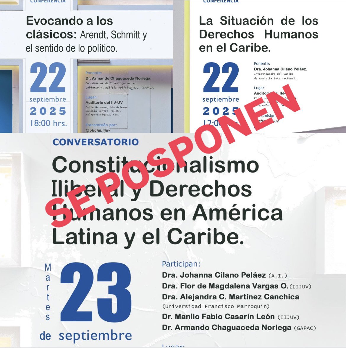 Atento aviso: Por causas de fuerza mayor, las conferencias así como el conversatorio programados para el 22 y 23 de septiembre, se posponen. 

En breve comunicáremos las nuevas fechas. 

Agradecemos su comprensión.