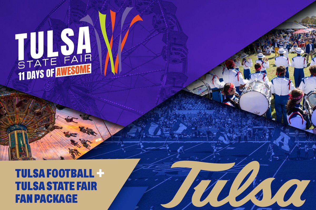 🏈 Tulsa Football 🤝 <a href="/tulsastatefair/">Tulsa State Fair</a> 🎡 Here's a deal you can't pass up: The $35 TU Fan Package!
1 ticket to the <a href="/TulsaFootball/">Tulsa Football</a> vs. <a href="/Tulane/">Tulane University</a> football game (Sept. 27)
1 gate admission to the Tulsa State Fair, valid any day (Sept. 25 – Oct. 5)
gofevo.com/event/Tulsasta…