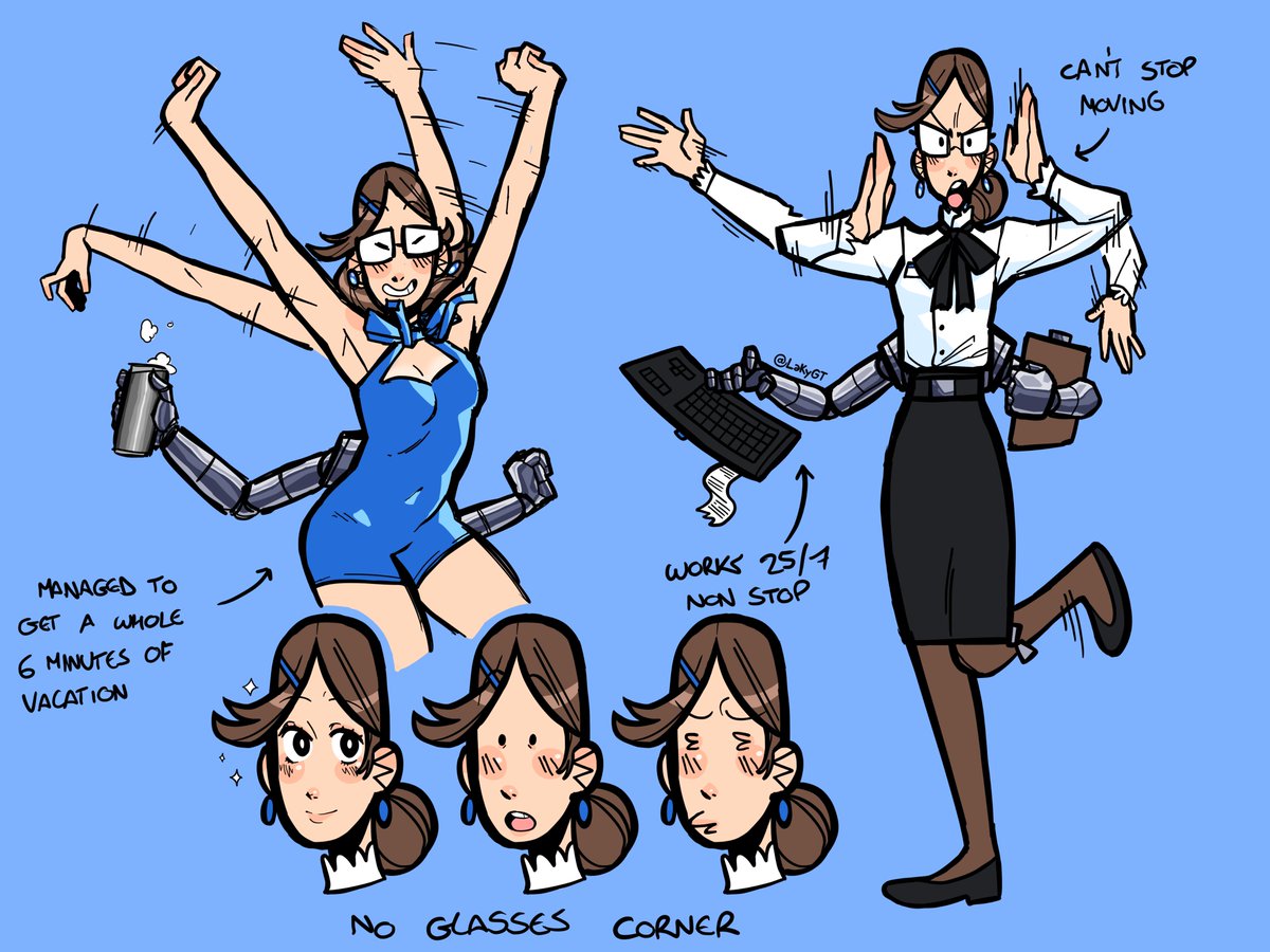 workaholic office worker that just cant stop fidgeting around when doing anything, sustains herself exclusively on caffeine