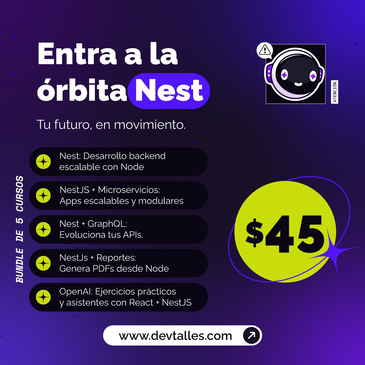 DevTalles's tweet image. ⌛¡ÚLTIMAS HORAS: Entra a la órbita de aprendizaje y estudia programación desde cero!
🪐Traemos útiles paquetes de varios cursos a precio de oferta
😼🐍☕️#⃣ ¡Los bundles incluyen cursos de #NestJS, #Csharp, #Java y #Python!
👉Adquiérelos en nuestra web cursos.devtalles.com/pages/prograci…