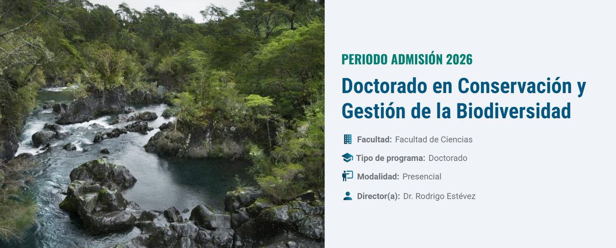 Periodo admisión 2026
Doctorado en Conservación y Gestión de la Biodiversidad

Infórmate en: postgradoust.cl/programas/doct…
