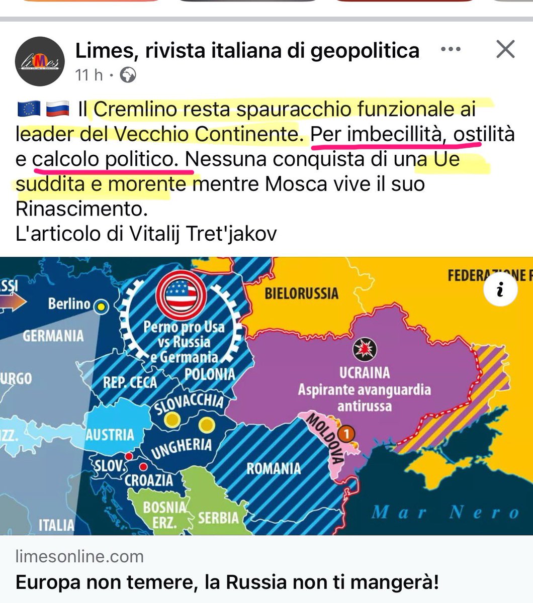 🔴”Il Cremlino resta spauracchio funzionale ai leader del Vecchio Continente. 
🔻Per imbecillità, ostilità e calcolo politico. 

🟣Nessuna conquista di una UE suddita e morente.

🔴Chi scrive queste cose? La nonna di PUTlN ?
🔻NO. Le scrive <a href="/limesonline/">Limesonline</a> 

🟣#propaganda : pericolo
