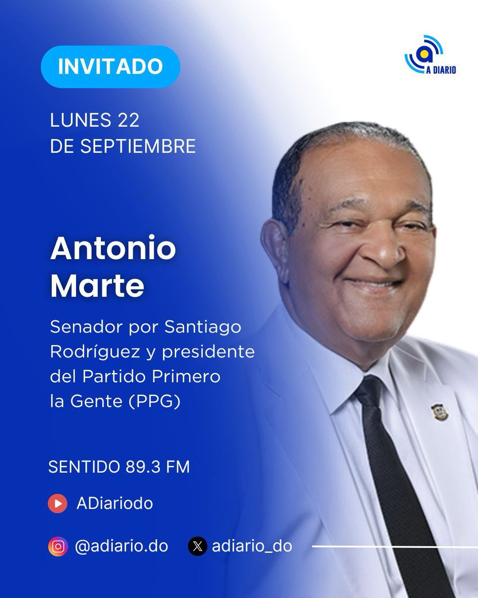 adiario_do's tweet image. En #Cabina este lunes | Antonio Marte, senador por Santiago Rodríguez y presidente del Partido Primero la Gente (PPG).

🚨 Sintonice en vivo en nuestro canal de YouTube 📺▶️ A Diario.

📻 89.3 fm.

#ADiarioDO #periodismo #RD #DistritoNacional #entrevistas #invitados