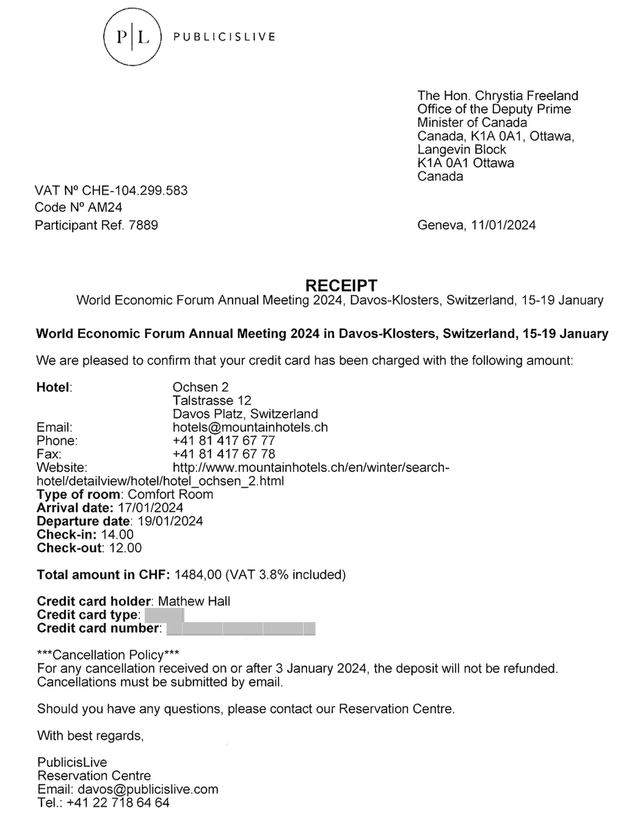 AndrewLawton's tweet photo. Chrystia Freeland charged Canadian taxpayers $4335.96 for a hotel for TWO NIGHTS when she went to Davos last year for the World Economic Forum annual meeting.

Combined with her two staffers, that's $11,188.62 for two nights of accommodations. https://t.co/DxNkecKEih