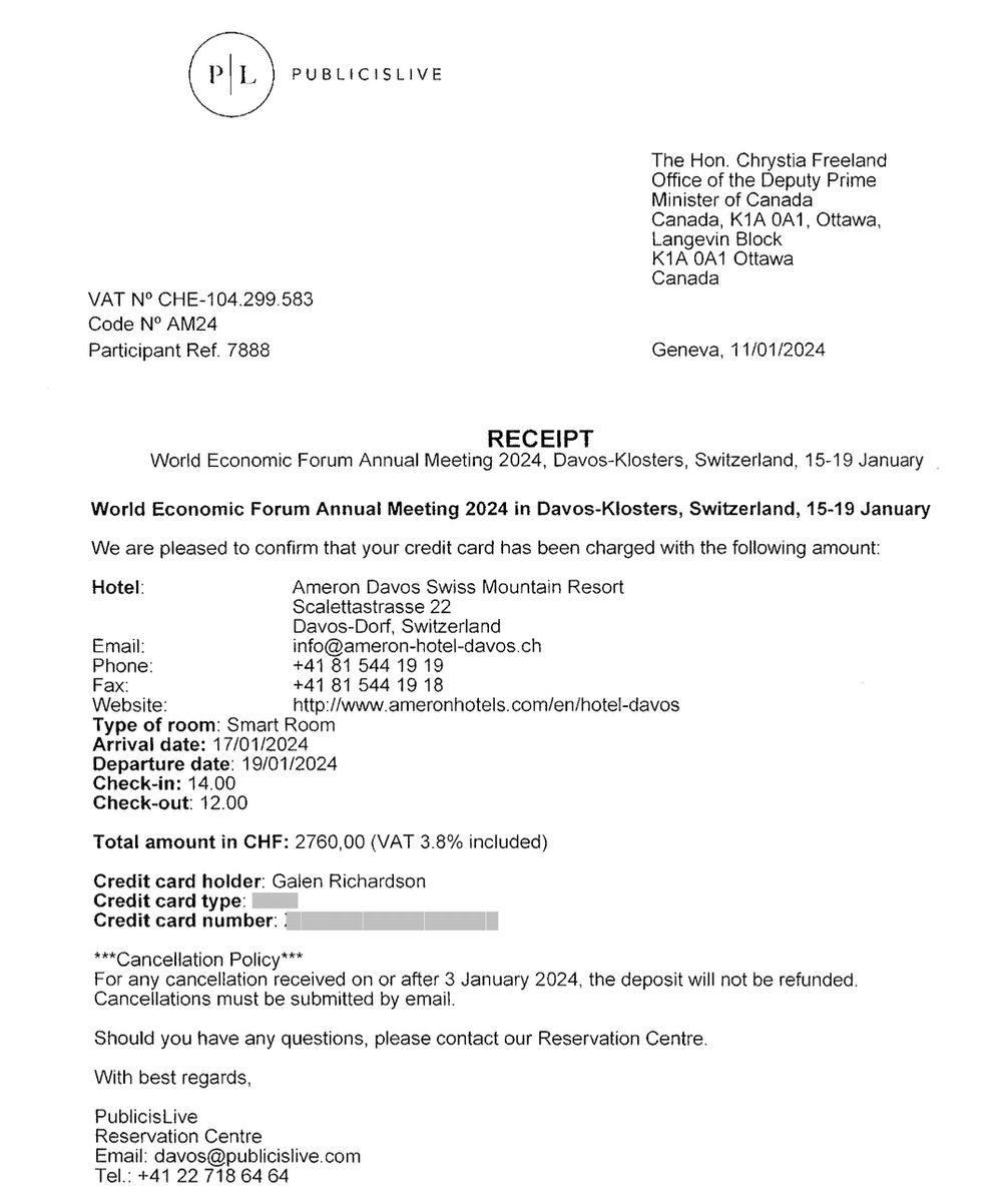 AndrewLawton's tweet photo. Chrystia Freeland charged Canadian taxpayers $4335.96 for a hotel for TWO NIGHTS when she went to Davos last year for the World Economic Forum annual meeting.

Combined with her two staffers, that's $11,188.62 for two nights of accommodations. https://t.co/DxNkecKEih