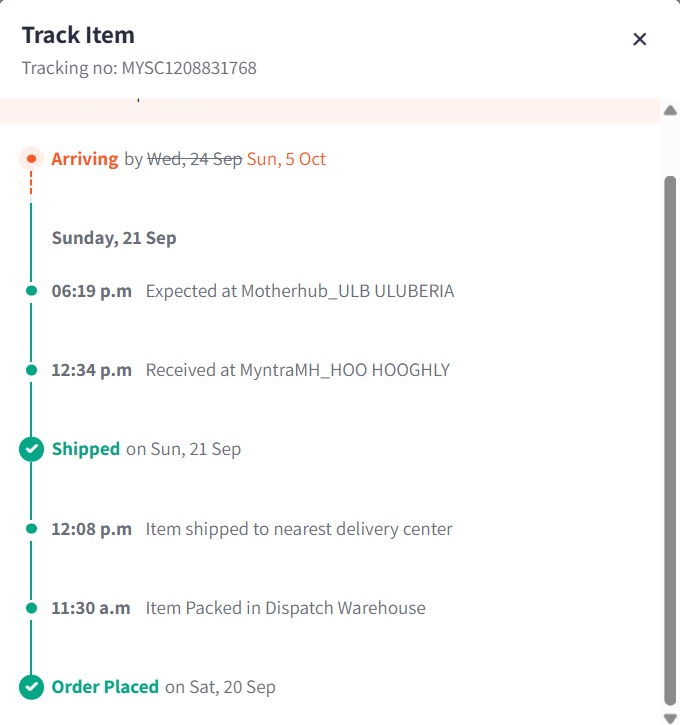 suvradip_maity's tweet photo. @MyntraSupport  Hi Myntra, my product is stuck at Hooghly near my address and now shows new delivery date 5th Oct. Please deliver faster and try to ensure the product reaches the previous schedule date 24th sep. or at least within 1-2 days delay before 26th.
TN - MYSC1208831768 https://t.co/9DhJfmSHE2