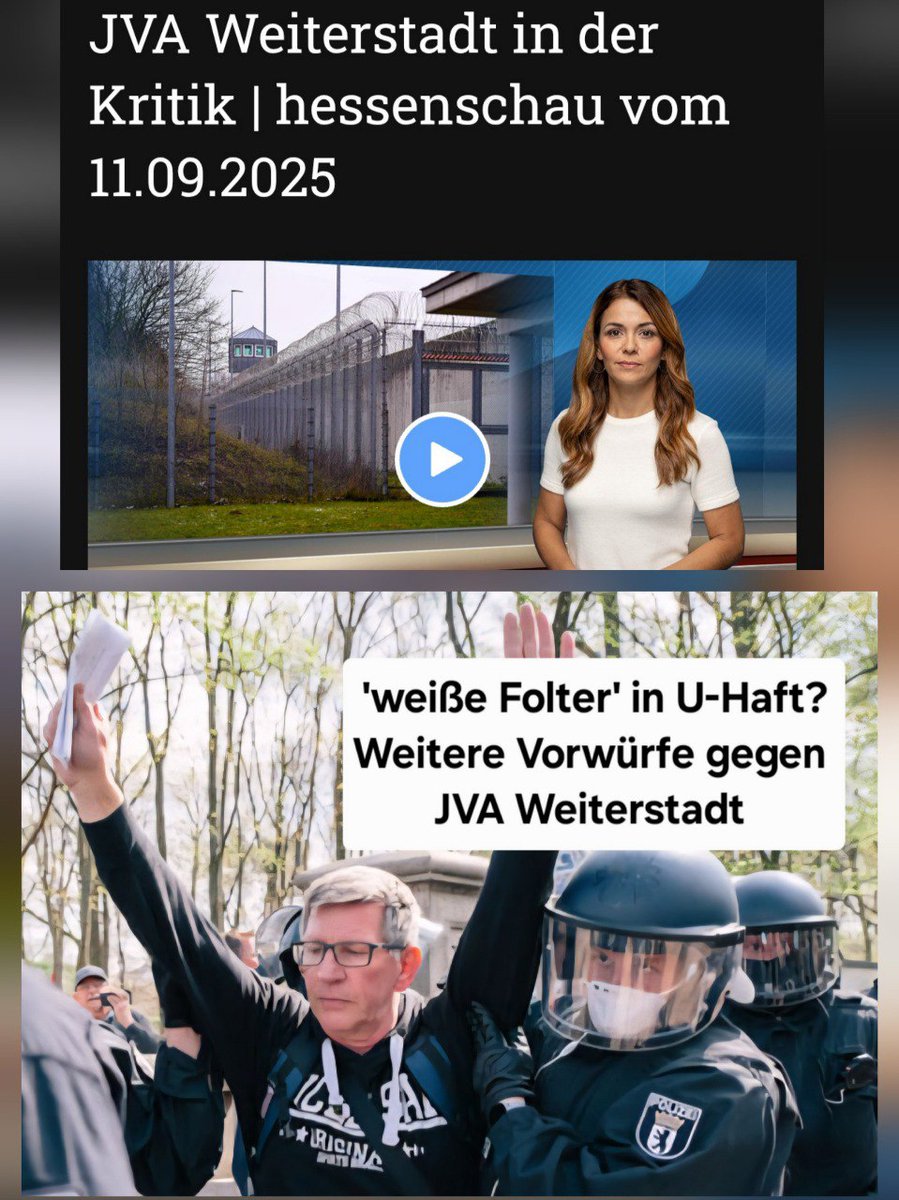 BoschimoDr's tweet photo. ⛓️⚖️ Was geschieht hinter den Mauern der JVA Weiterstadt?

👮‍♂️ Michael Fritsch, Polizist, sitzt seit fast 3 Jahren in U-Haft – ohne Urteil, ohne Beweise.
Jetzt wurde bekannt:

😡 Nach einem friedlichen Familienbesuch, der unter komplett unter ständiger Beobachtung eines BKA-Beamten stattfand, wurde er anschließend unter Zwang zu einer vollständigen (!) körperlichen Untersuchung gezwungen.
Gegen seinen ausdrücklichen Willen mit Gewalt durchgesetzt. 

Und gleichzeitig hört man aus derselben JVA - mit extra Bericht in der Hessenschau:

– eine rechte Schmiererei
– ein unsittlicher Vorfall unter Kollegen
➡️ Beides eingestellt. Geldstrafe. Keine Konsequenzen.

https://t.co/B4ktzj5Qn9

Doch das ist nicht der eigentliche Skandal. Nur eine Randnotiz:

‼️ 18 Stellen sind in der JVA unbesetzt.
Das Personal ist überlastet. Kontrolle? Fehlanzeige.
Befehlshaber/ 'fliegende Affen', die unlautere Anweisungen geben, haben leichtes Spiel.

Solche Maßnahmen wie bei Michael können durchgewunken werden – ohne Zeugen, ohne Dokumentation, ohne Widerspruch.

👮‍♂️👨‍💼🔍 Wir fordern lückenlose Aufklärung:

– Wer hat diese Maßnahme angeordnet?
– Wer hat sie durchgeführt?
– Welche Rechtsgrundlage lag vor?
– War das rechtsstaatlich vertretbar?

⚖️ Wir behalten uns Strafanzeige wegen Körperverletzung im Amt, Nötigung und Amtsmissbrauch vor. Oder geht das schon in Richtung 'weißer Folter'? Soll Familienbesuch unerträglich werden? Unzumutbar aufgrund der Maßnahmen die danach durchgeführt werden. 

❗️Das ist kein Einzelfall. Es ist ein Systemversagen.
📣 Transparenz jetzt. Gerechtigkeit für Michael Fritsch.
Er ist einer von unzähligen politischen Gefangenen.
Sein Kanal:
https://t.co/NbCYuy27tf
Und wie ihm ergeht es vielen weiteren. Bis hin zu Foltervorwürfen, Armbruch durch Wärter uvm.:
https://t.co/hM32LusfBn

Wir sollten ein alternatives System aufbauen und baldmöglichst basisdemokratisch Unschuldige rehabilitieren.
🌊 'Sei wie Wasser' - ein friedlicher Wandel https://t.co/etTsEaANyc