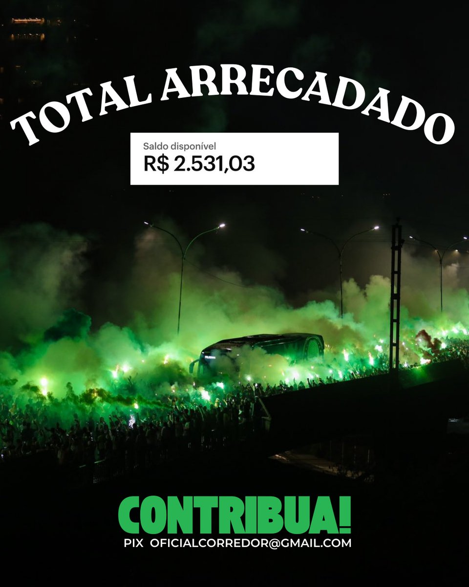 A MAIOR FESTA ANTES DOS 90 MINUTOS! 💪🏽

Já arrecadamos mais de R$2000 para o Corredor contra o River!

Isso equivale a cerca de 12% de todos os materiais que precisamos!

Leve seu sinalizador ou nos ajude pelo Pix:
oficialcorredor@gmail.com

CALDEIRÃO ALVIVERDE! PELO TETRA! 💚