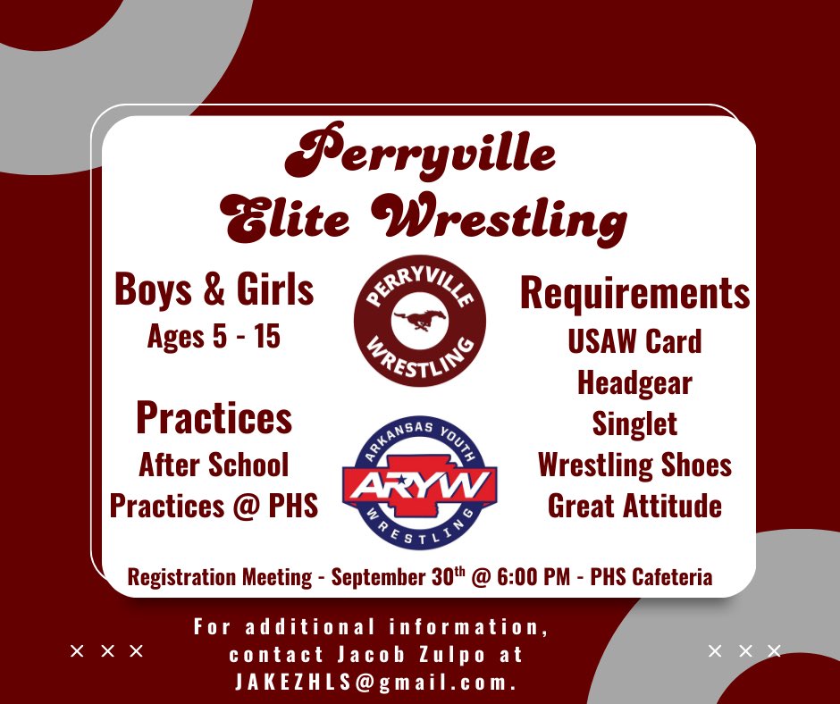 We’re working to grow youth wrestling in Perryville. Our youth club will hold a registration night on Tuesday, September 30th at 6 PM in the PHS cafeteria. This is open to young people age 5-15, regardless of school district/homeschool status. Great opportunity to get involved.