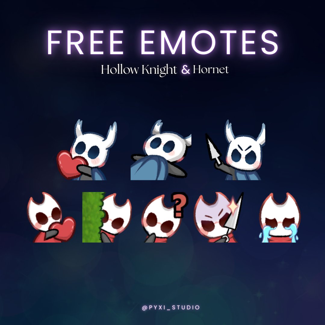 Pyxi_studio's tweet photo. I’m giving away 8 FREE static emotes in my Ko-fi shop🎁

Inspired by Hollow Knight &amp; Hornet 
Grab them here ⬇️
https://t.co/lSwvBWZPxr

Enjoy and good luck on your adventure!
#free #emotes #emoteartist #twitch #streamer #streaming #comissionart https://t.co/vP0UdWH2Ff