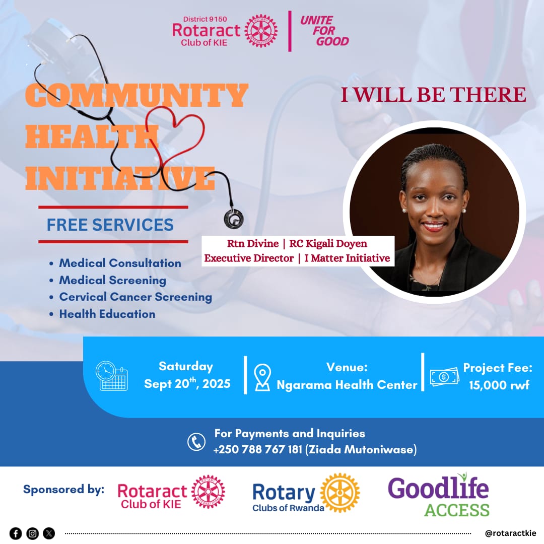 DivineIngabire3's tweet image. Excited to attend the upcoming Community Health Initiative! A great reminder to always check on our health. Free services will include medical consultation, screenings (general &amp;amp; cervical), and health education. 
#YourHealthMatters