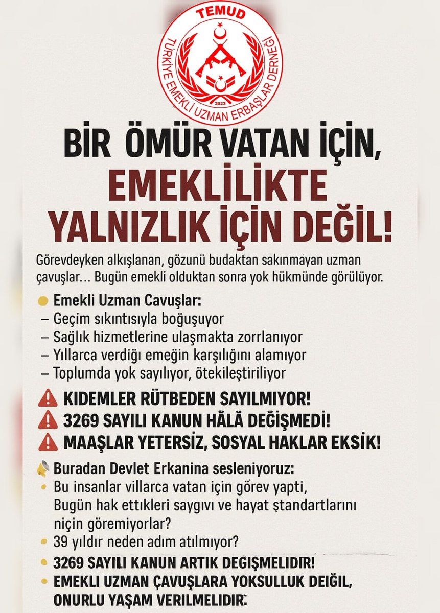 #EmekliUzmanÇavuşUnutulmasın 
#3269daÇözümŞart  
#UzmanÇavuşaHak  
#BirlikteBaşaracağızTEMUD  
<a href="/TEMUD_2024/">TEMUD Türkiye Emekli Uzman Erbaşlar Derneği</a>
