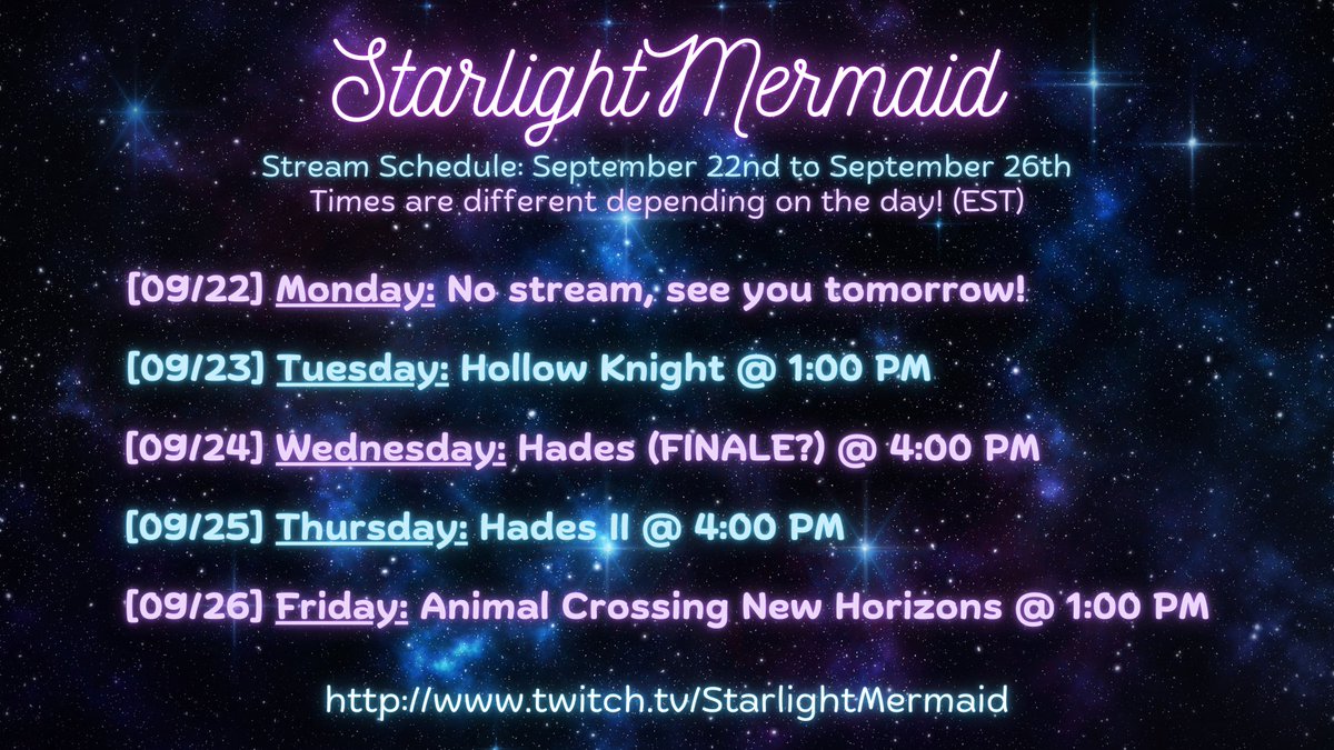 StrlightMermaid's tweet image. ☆ Stream Schedule: 09/22 - 09/26 ☆
Since Hades II is releasing this week I've decided to put Hades on a (indefinite?) hiatus so I can put all of my attention on the highly anticipated sequel! Also I now have a working xbox controller so I can PROPERLY play Hollow Knight!! :D
