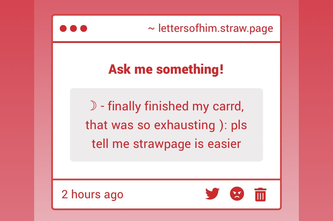 lettersofhim's tweet image. WHATT i wanna see.. Also hate to break it to U strawpage is much easier than carrd 

Carrd was the worst experienve of my life