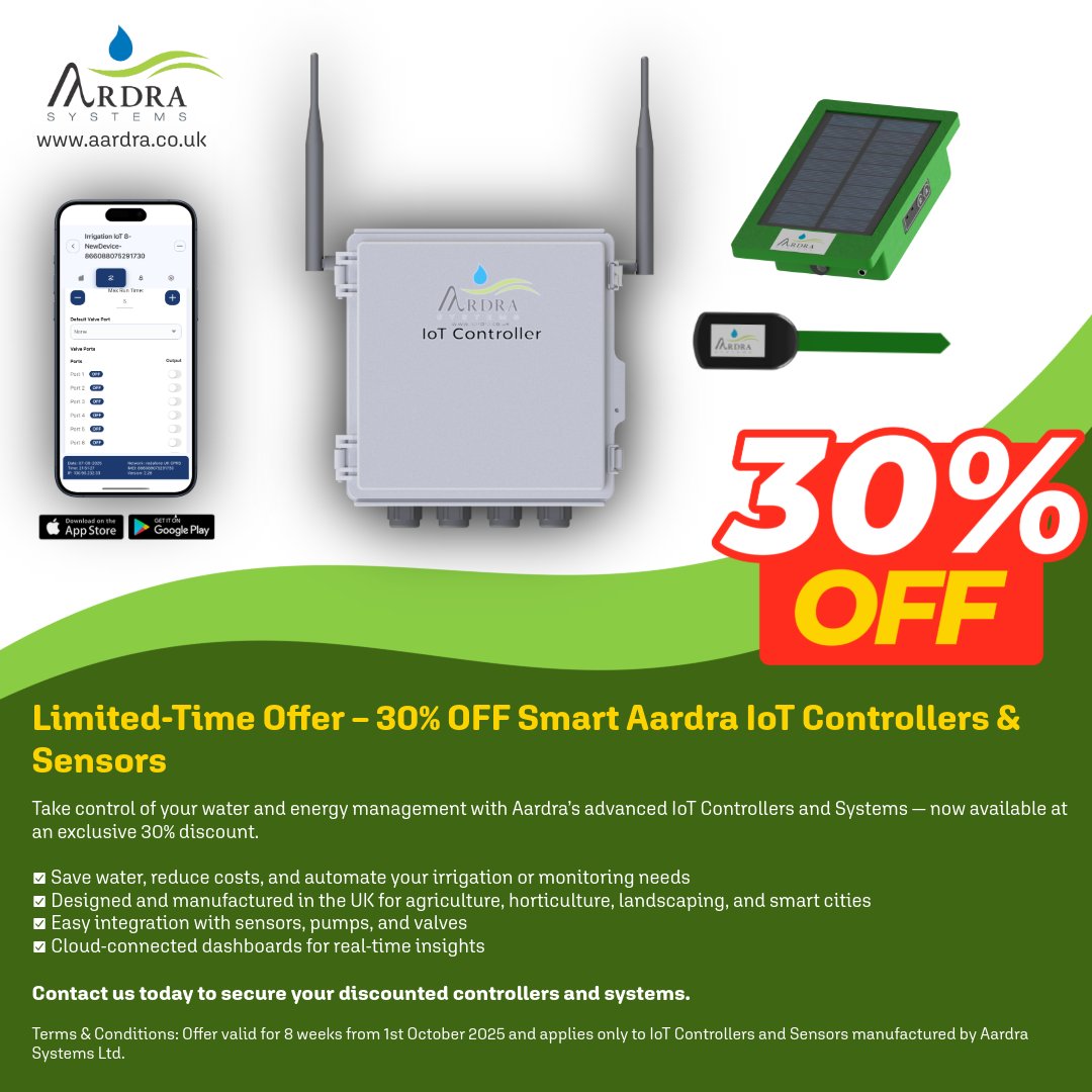 🌱 Save water, cut costs, and grow smarter with Aardra’s IoT Smart Controllers — now at 30% OFF! Designed for sustainable irrigation and efficient water management. Limited-time offer. Contact us today! 💧🌍 #IoT #SmartIrrigation #Sustainability