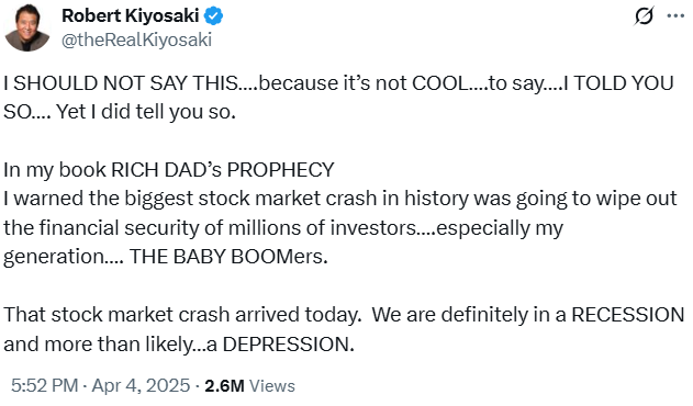 The S&amp;P 500 is now up 32% since Robert Kiyosaki said “I told you so” back on April 4, claiming the “biggest stock market crash in history” had “arrived” and we were “more than likely in a Depression.” Market timing does not work.