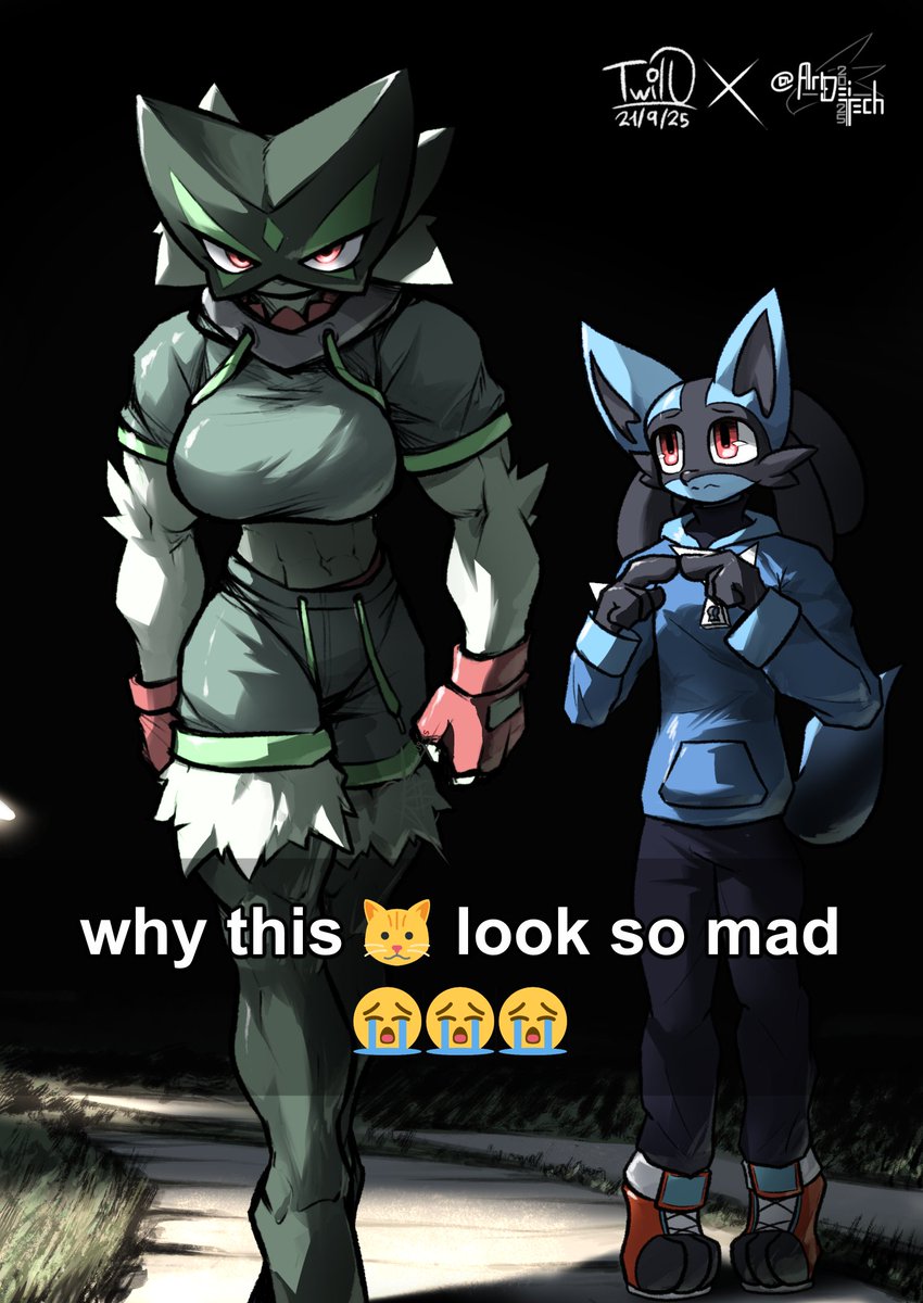 twillthespirit's tweet image. &amp;lt;|| Late Night Encounter ||&amp;gt; 😾🐶

Lil collab art I did with @ArtDeiTech as a fanart for @ArzyParzy!

Concept and Lucario lineart: me
Meowscarada lineart, background, color and render: Tech
