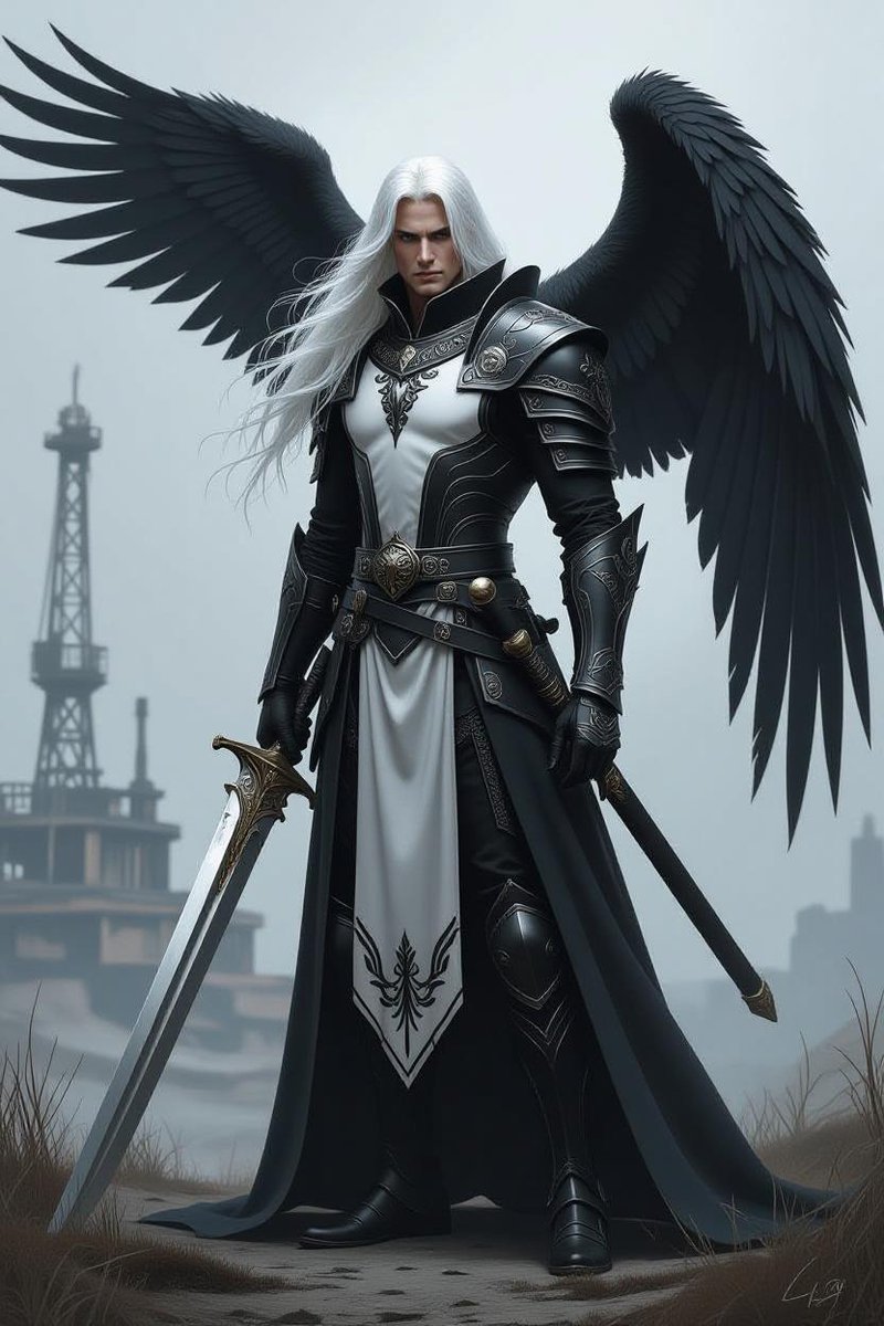 RonnieCernowain's tweet photo. Grok Imagine prompt:

This digital painting features a tall, thin man with long, flowing white hair and pale skin. He wears a black and white armored outfit with intricate details, including a high collar and shoulder pads. His right hand rests on the hilt of a large, she... https://t.co/QWetFDr9Pg