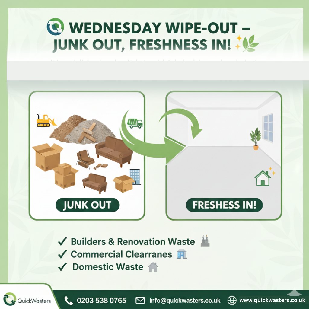 Quickwasters1's tweet image. 🌍 WEDNESDAY WIPE-OUT – JUNK OUT, FRESHNESS IN! ✨🌿
It’s midweek—don’t let rubbish hold you back. 🚛 Let us wipe out the waste and give you back the space you deserve! 💪
#DeclutterFast #EcoFriendlyDisposal