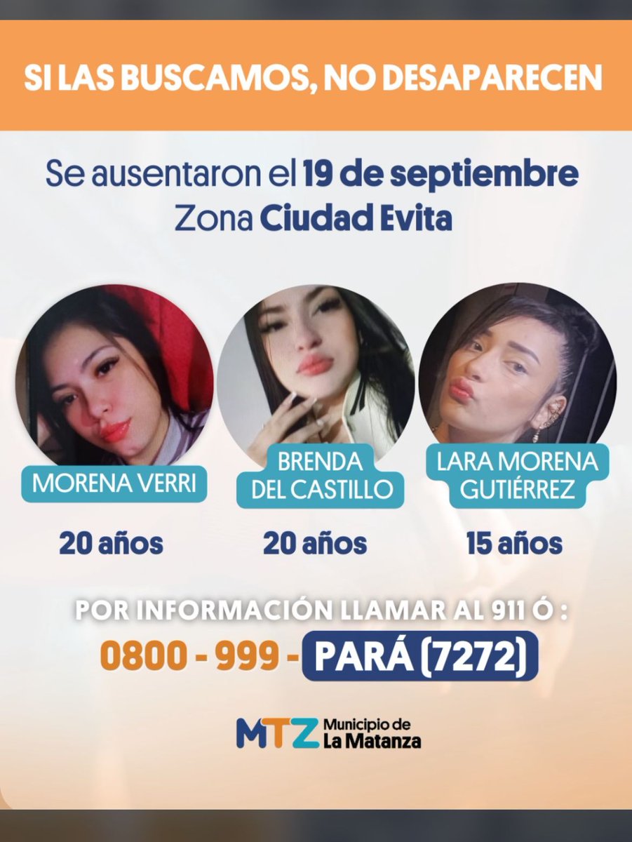 Estamos buscando a Morena, Brenda y a Lara, son de Ciudad Evita, La Matanza.
Si alguien las vio, y tienen información por favor comunicarse urgentemente.
Difundan!