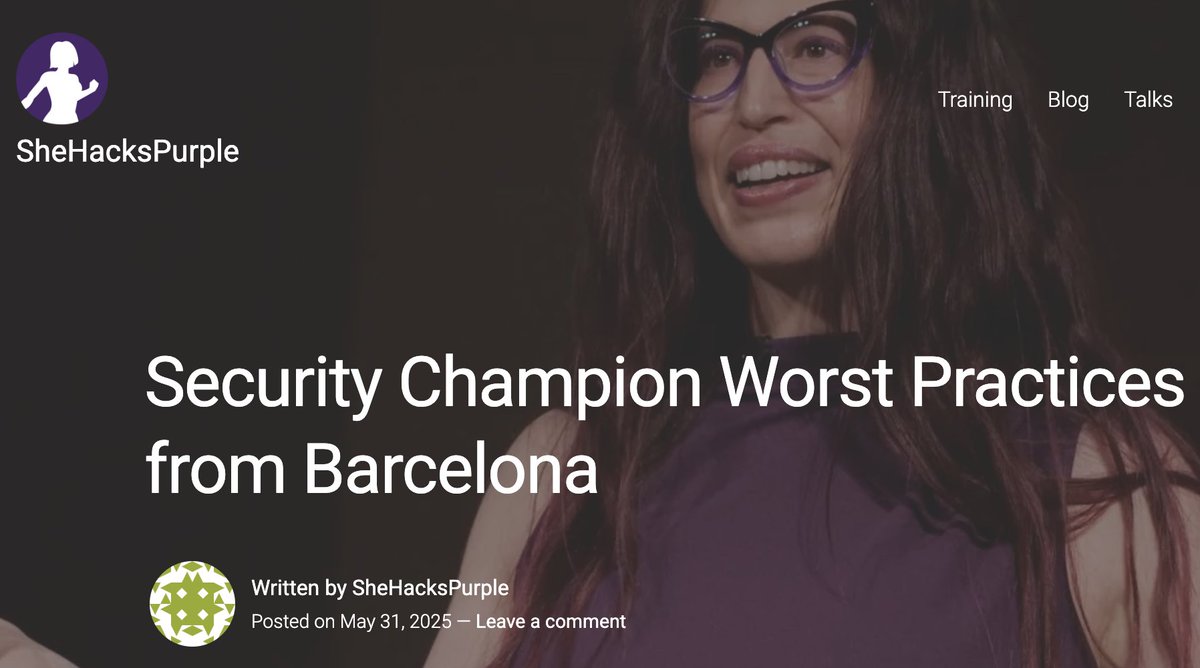 shehackspurple's tweet image. Exciting news! 🎉 I’ve published my slides for “Security Champions Worst Practices” from my talk at #OWASP Global #AppSec in Barcelona! You can grab the PDF, watch a recording, and see fun photos on my blog. #owaspglobalappsec #securitychampions

twp.ai/ImqZoV