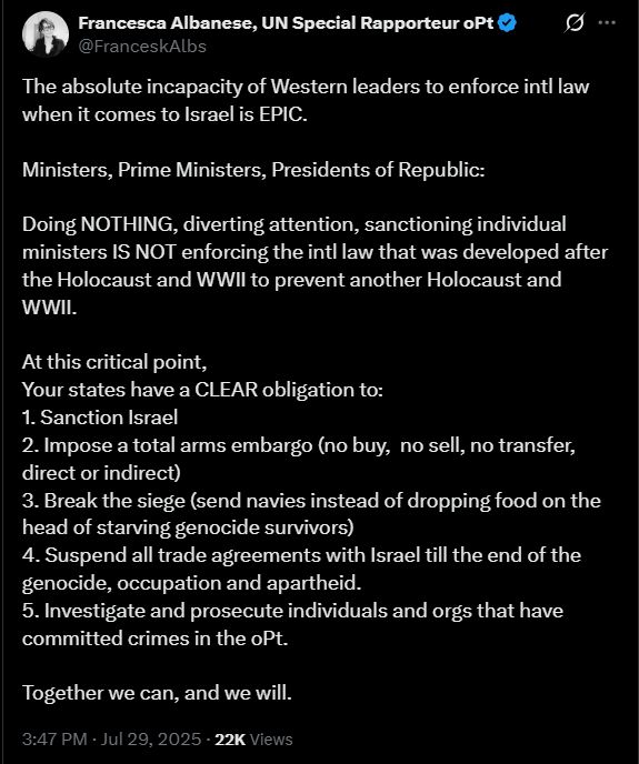 Nowhere on this list of URGENT ACTIONS prime ministers need to take to STOP THE GENOCIDE does it say "recognize Palestinian statehood," <a href="/AlboMP/">Anthony Albanese</a> <a href="/SenatorWong/">Senator Penny Wong</a>.

A step in the right direction? Maybe.

Political theater? Certainly.

GET TO WORK. #auspol #GazaGenocide #GazaHolocaust